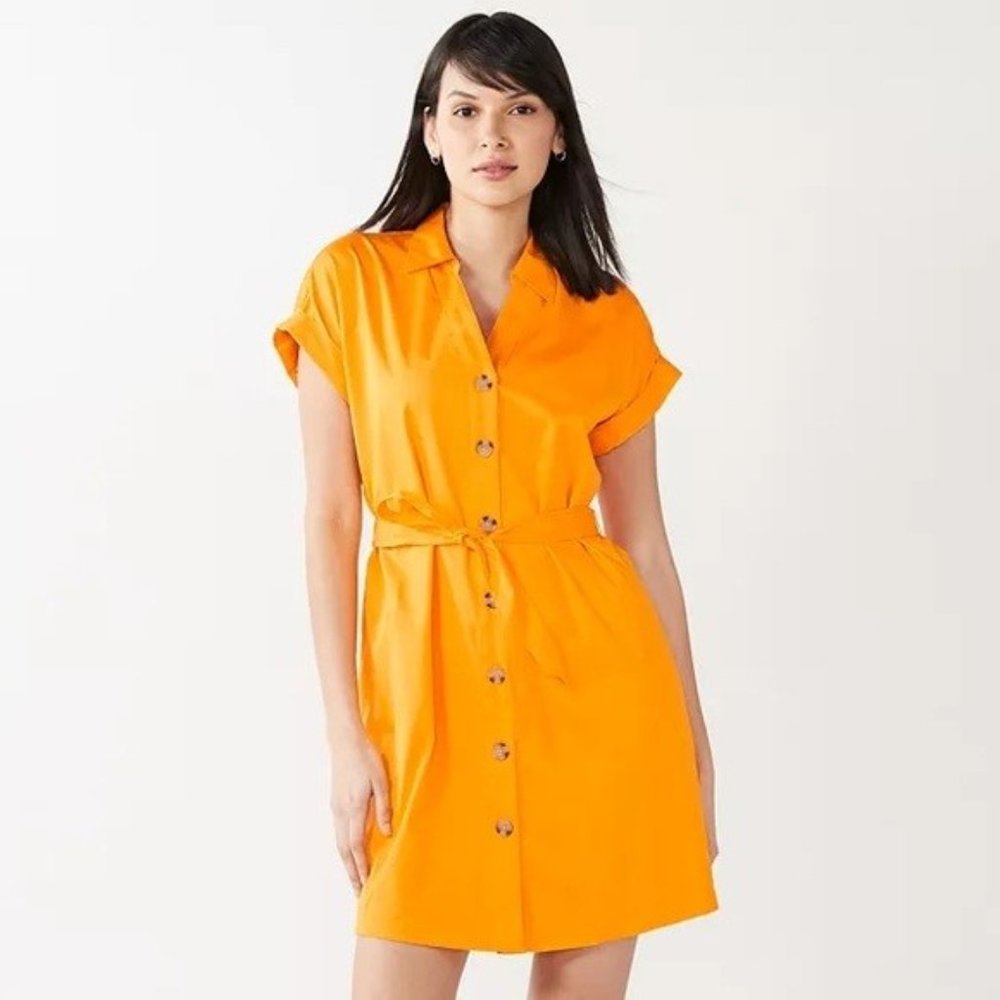 Nine West Marigold Yellow Short Sleeve Belted Shirt Dress